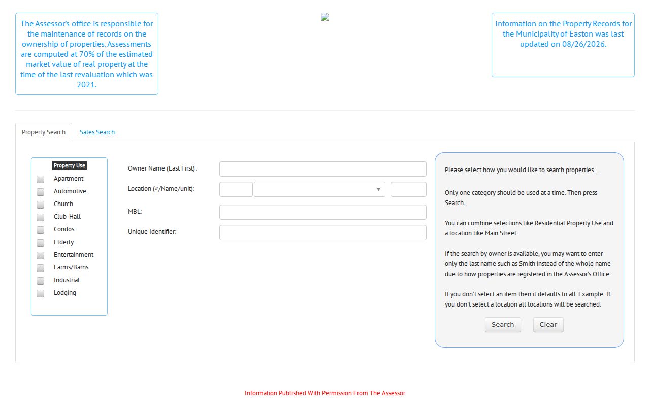Easton residents directory assessor property search interface